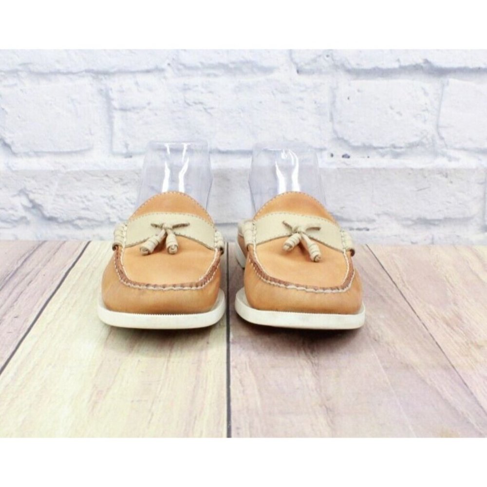 LL Bean Tan Leather Mule Flat Slide Moc Toe Open Back Loafer Size 6 M - Picture 4 of 9